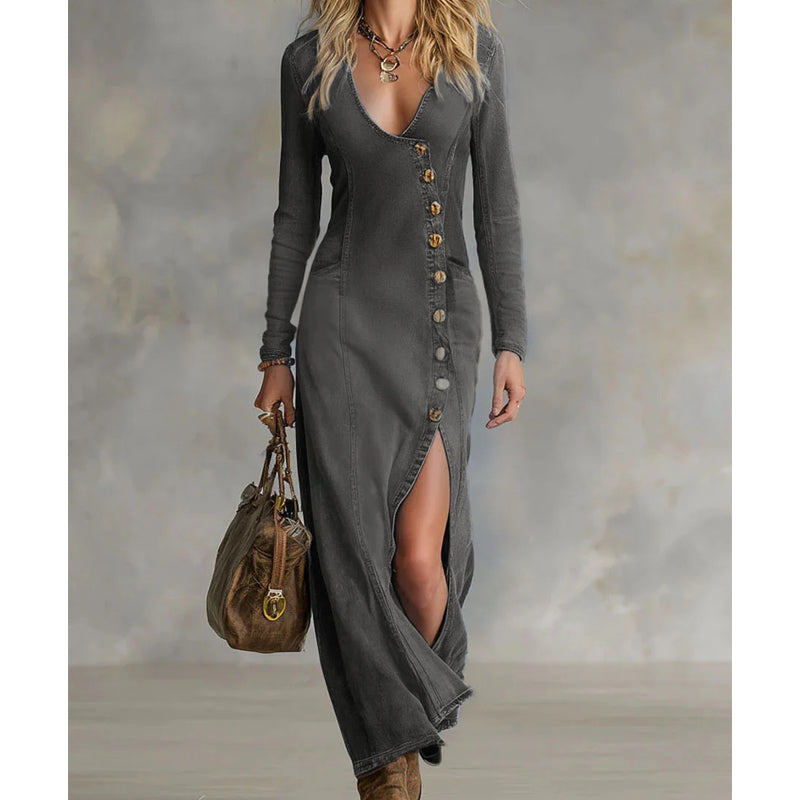 ๐ 50% OFF! ๐ Women's Long Sleeve V-Neck Maxi Dress โ Soft Fabric, Bodycon Fit & Elegant High Slit ๐โจ