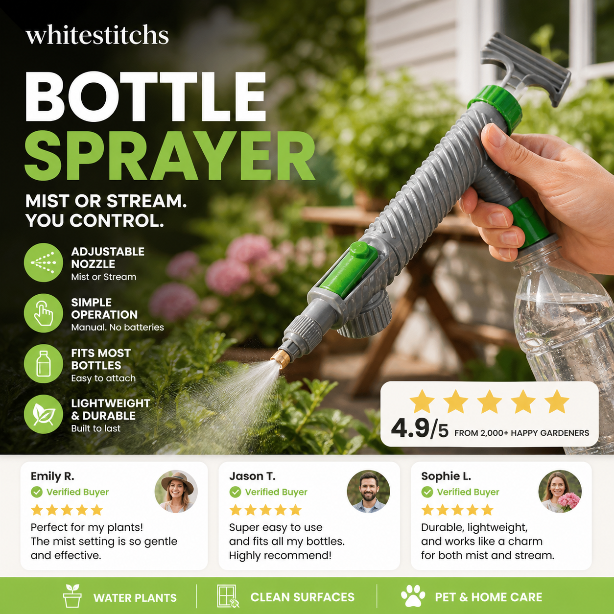 🌿 Manual Drink Bottle Sprayer with Adjustable Nozzle‑Portable DIY Garden Spray Tool, Fits Standard Plastic Bottles for Plant Watering, Fertilizing & Pest Control