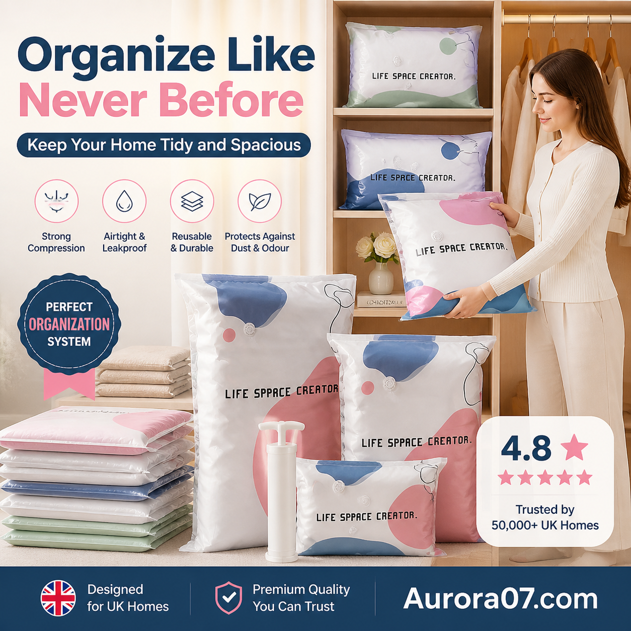 ⏳LAST DAY SALE ONLY $14.99!🏆🧳No‑Pump Vacuum Storage Bags – Press & seal, no pump needed. Saves 80% space, keeps clothes dry & dust‑free. Perfect for bulky bedding & off‑season gear. 🛏️🗄️