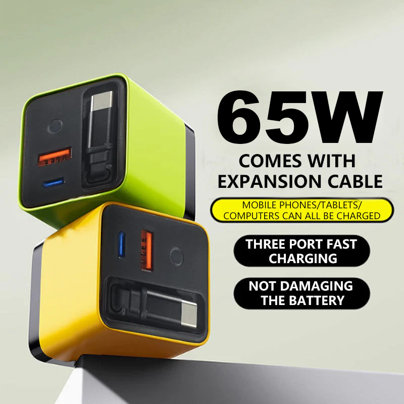 ⚡📱Multiport 65W PD Wall Charger | Built‑in Retractable Type‑C Cable
