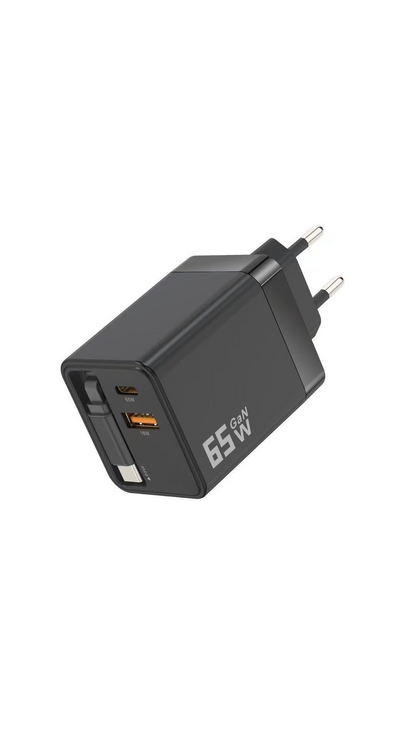 ⚡📱Multiport 65W PD Wall Charger | Built‑in Retractable Type‑C Cable