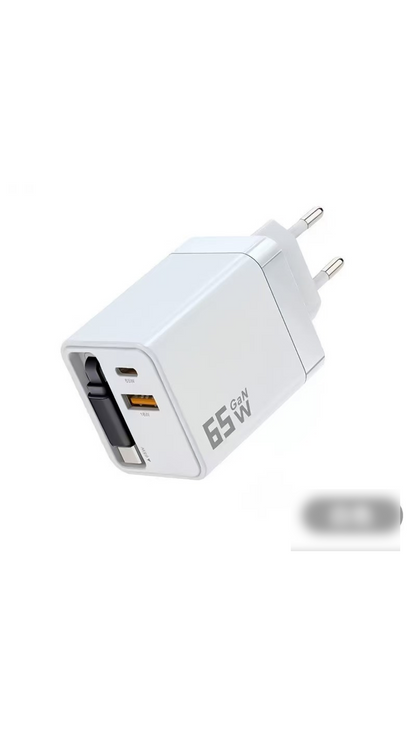⚡📱Multiport 65W PD Wall Charger | Built‑in Retractable Type‑C Cable