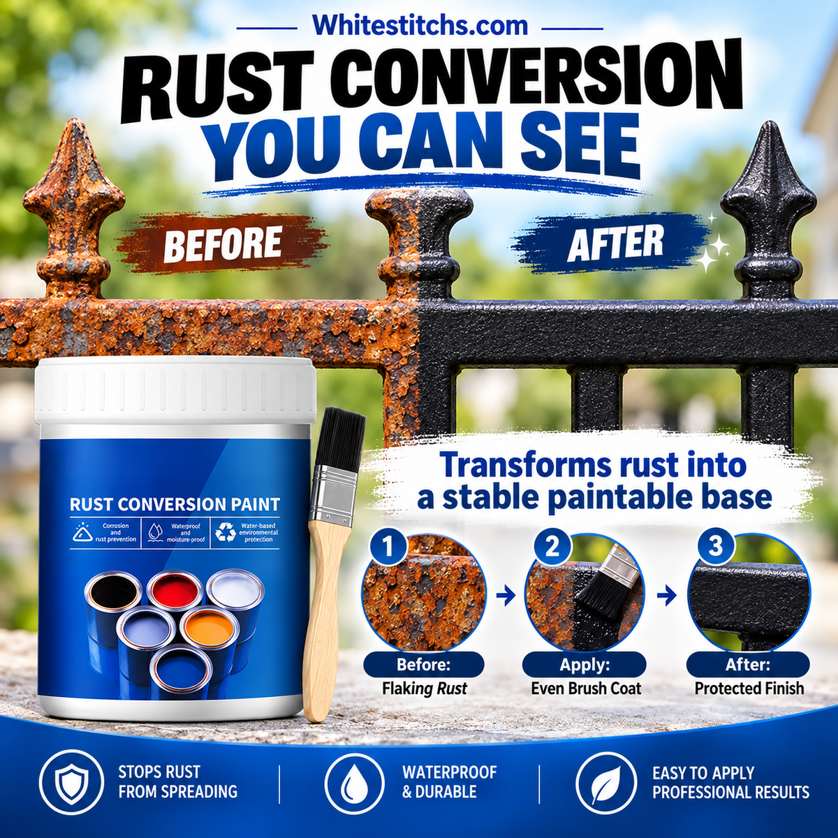 🛡️ 50% OFF NOW! 🎨 Weatherproof Rust Converter Paint – Turns Rust into Paintable Surface, Stops Corrosion & Blocks UV – No Sanding Needed ✨