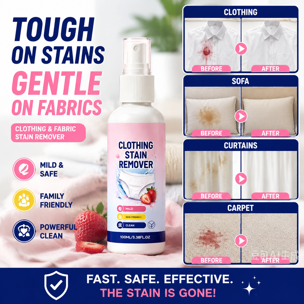 Powerful Fabric Stain Eraser Spray – No Harsh Chemicals, Safe for Sensitive Skin – Eliminates Old, Set-in Stains on Shirts, Pants, Linens