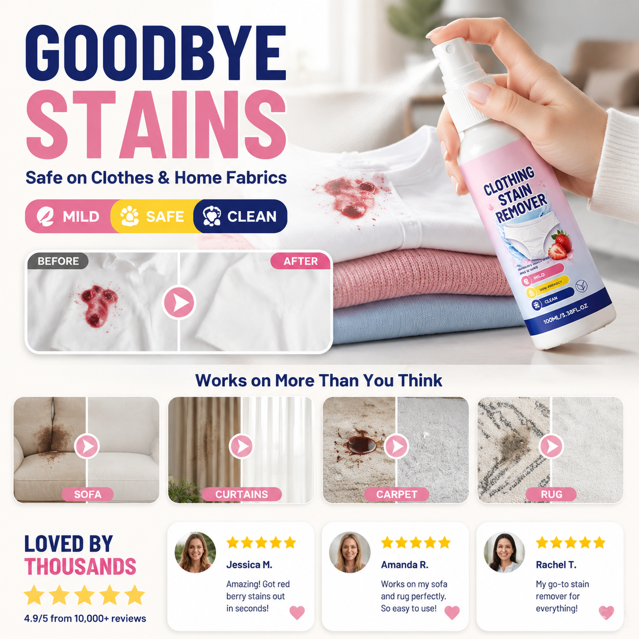 Powerful Fabric Stain Eraser Spray – No Harsh Chemicals, Safe for Sensitive Skin – Eliminates Old, Set-in Stains on Shirts, Pants, Linens