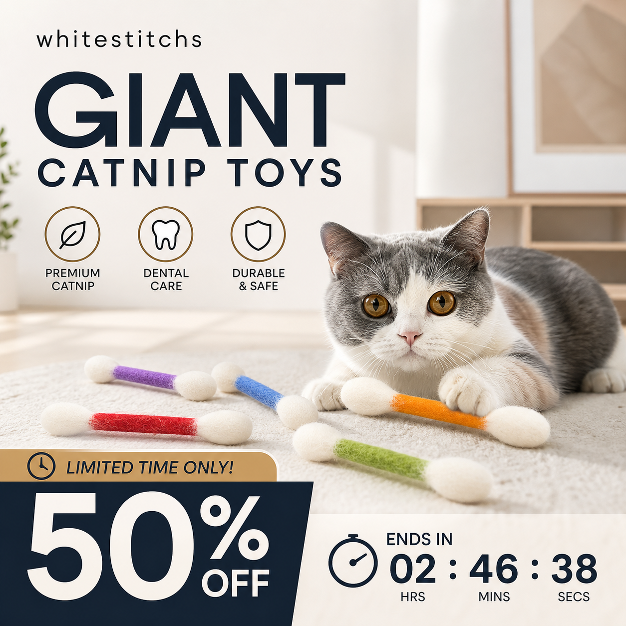 😺BORED CAT? FIX IT FAST!😺 Interactive Swab Toy – Premium Catnip, Durable Felt, Dental Care – Kicks, Chases & Pounces! 🐾