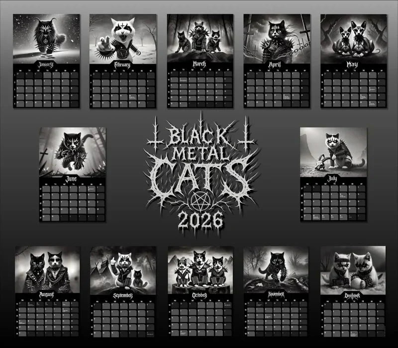 🐱 2026 Black Metal Cat Calendar – Edgy Decor That Tells Time in Style ⏳