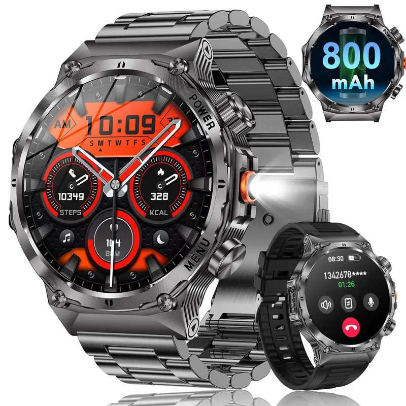 Men's military smartwatch,phone sync information, wireless call,flashlight/multiple exercise modes / fitnesstracker watch for Android and iPhone
