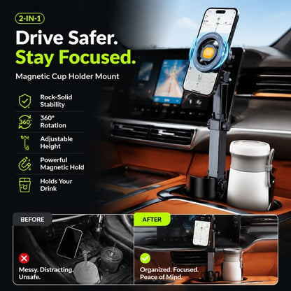 ⏳Time-Limited Special⏰Car Cup Holder Phone Mount – 360° Adjustable, Strong N52 Magnet, One-Hand Operation, Fits All Phones, Stable Magnetic & Clamp Models for Safe Driving