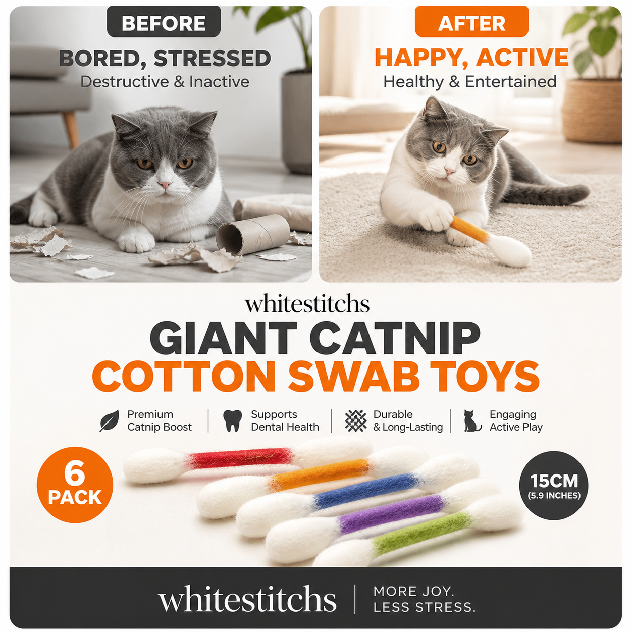 😺BORED CAT? FIX IT FAST!😺 Interactive Swab Toy – Premium Catnip, Durable Felt, Dental Care – Kicks, Chases & Pounces! 🐾