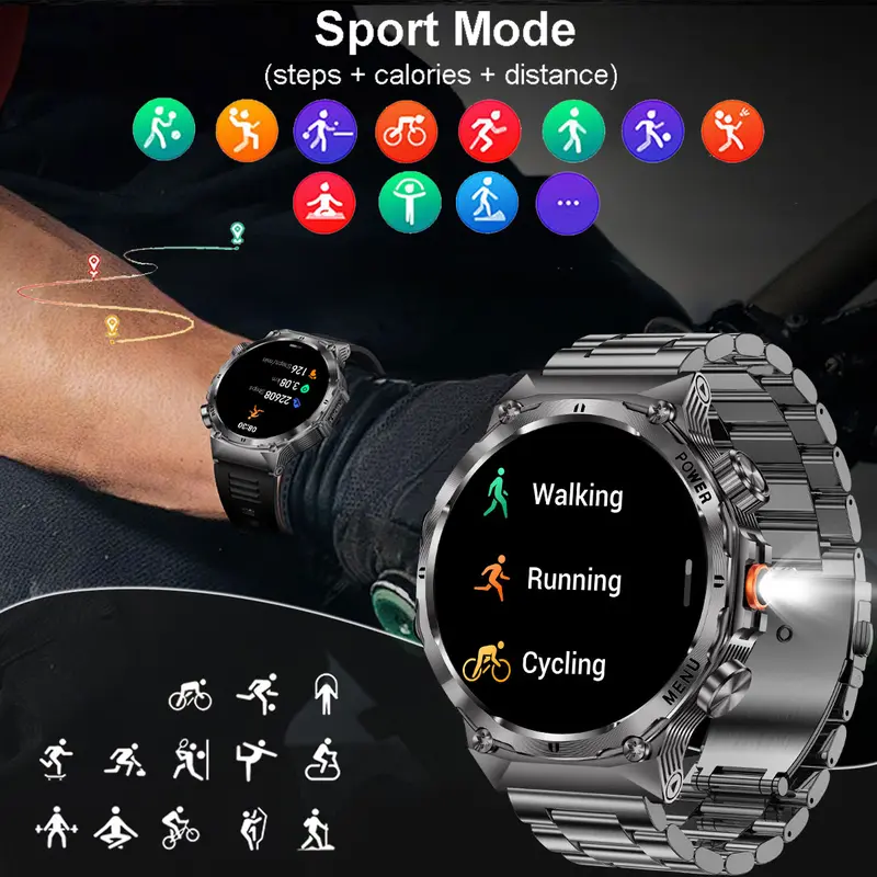 Men's military smartwatch,phone sync information, wireless call,flashlight/multiple exercise modes / fitnesstracker watch for Android and iPhone