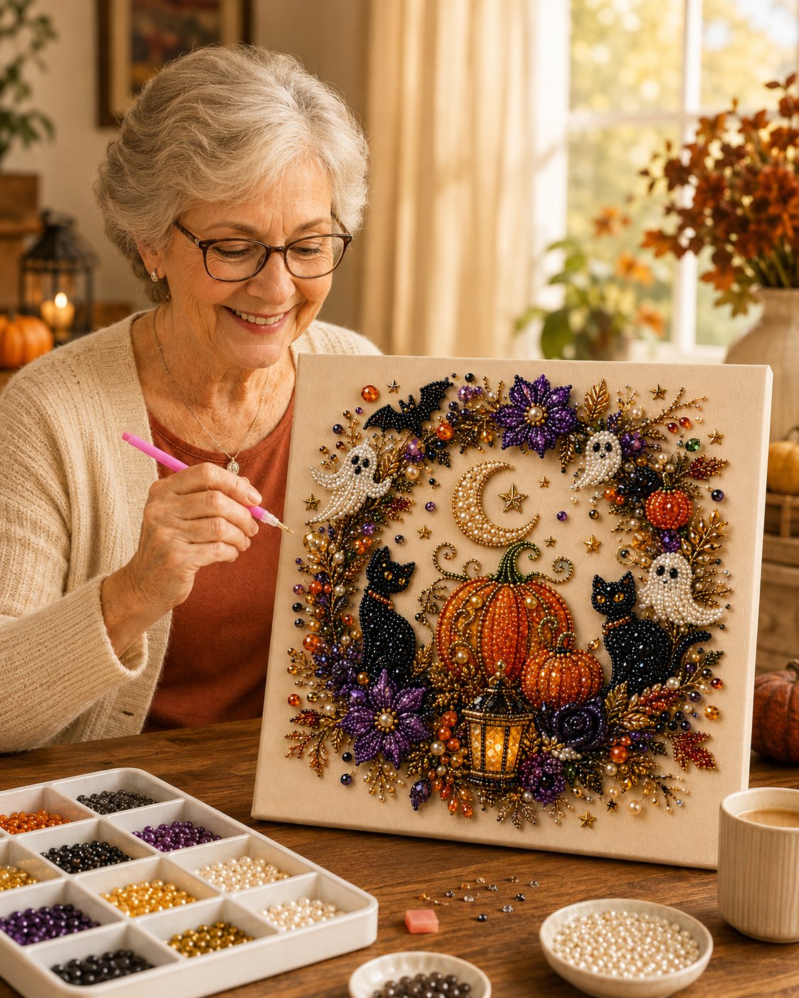 🏠 LIMITED-TIME 50% OFF! ✨Halloween Pearl Art DIY Kit – Turn Tiny Pearls into Spooky-Cute Magic