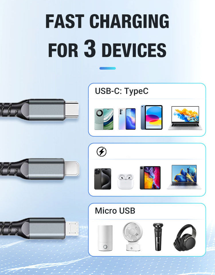 Transparent Luminous 3-in-1 Fast Charging Cable - USB-C/Micro-USB with LED Power Indicator & Nylon Braiding 📱💫
