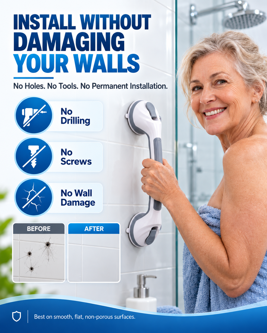 🚿🔒 Suction Cup Grab Bar – 50% OFF! Tool-free install on tiles & glass, strong vacuum hold, removable & reusable – no drilling needed. 💯