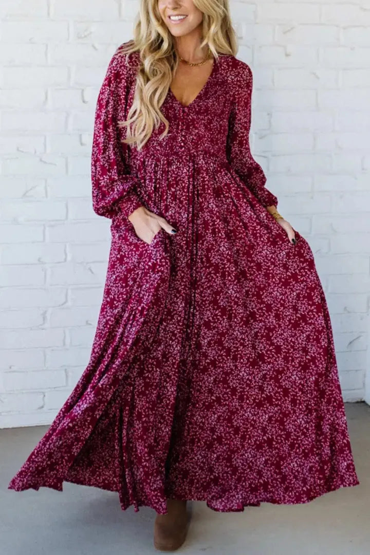 💎 60% OFF! 💎 Women’s Floral Rayon Smocked-Waist Maxi Dress – Fully Lined, Pockets & Vintage Sleeves 🌸👗