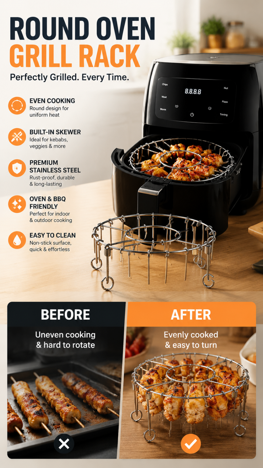 💖LAST DAY SALE!!💖✨Stainless Steel Round Oven Grill with Skewer