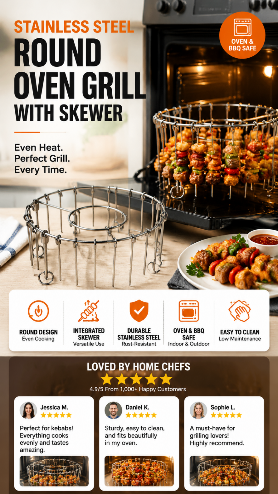 💖LAST DAY SALE!!💖✨Stainless Steel Round Oven Grill with Skewer