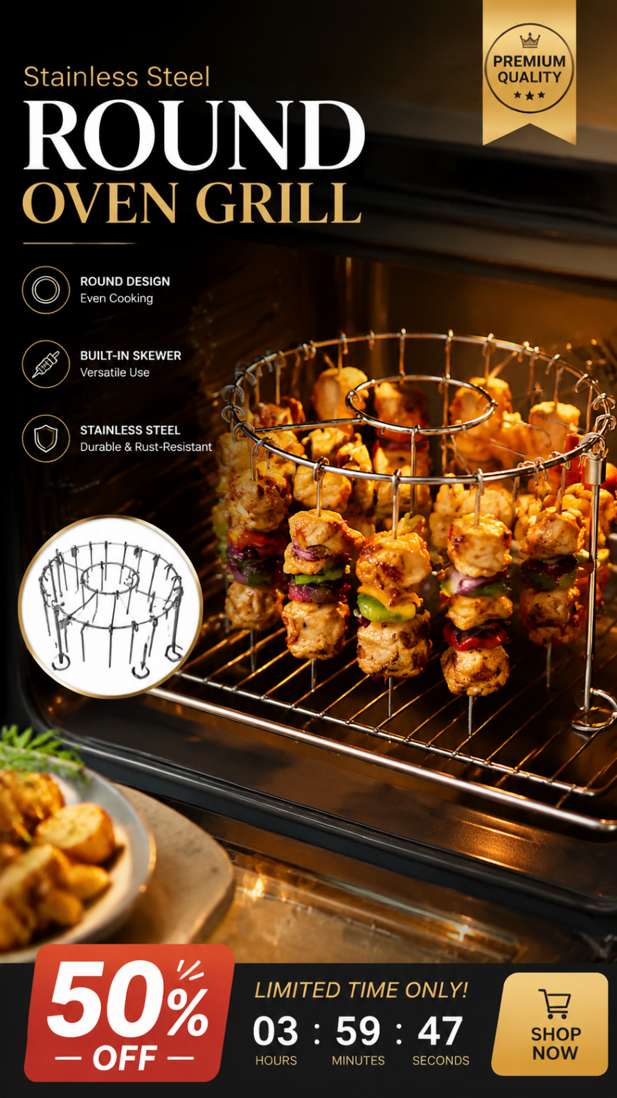 💖LAST DAY SALE!!💖✨Stainless Steel Round Oven Grill with Skewer