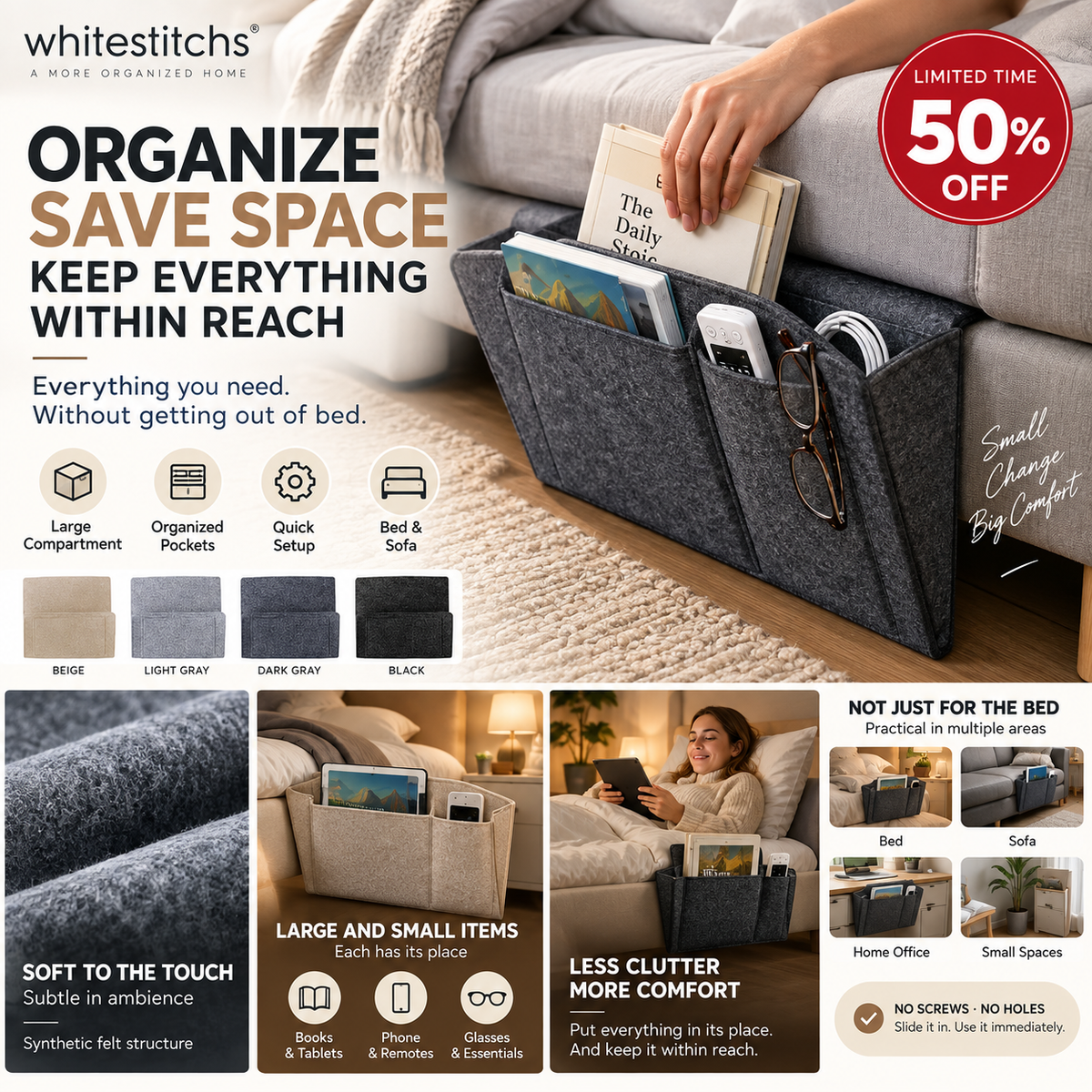 🛏️ Save 50%! 🧺 Bedside Hanging Caddy – Multi‑pocket felt organizer for dorm & bunk ✨