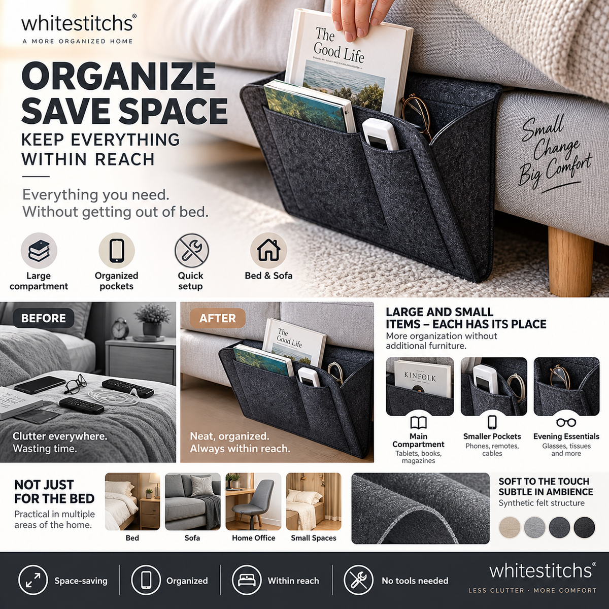 🛏️ Save 50%! 🧺 Bedside Hanging Caddy – Multi‑pocket felt organizer for dorm & bunk ✨