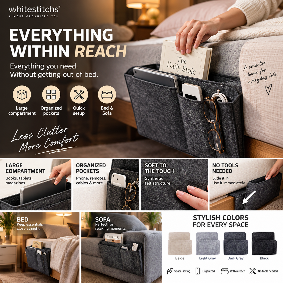 🛏️ Save 50%! 🧺 Bedside Hanging Caddy – Multi‑pocket felt organizer for dorm & bunk ✨