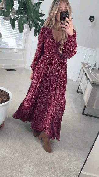 💎 60% OFF! 💎 Women’s Floral Rayon Smocked-Waist Maxi Dress – Fully Lined, Pockets & Vintage Sleeves 🌸👗