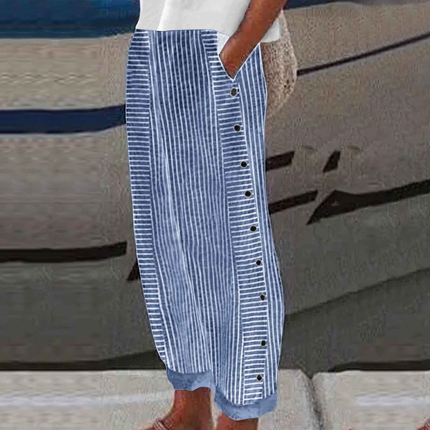 👖 50% OFF NOW! 🌿 Fashion Loose Blue Striped Pants – Practical Side Pockets, Slimming Fit & Perfect for Spring Days 🌸