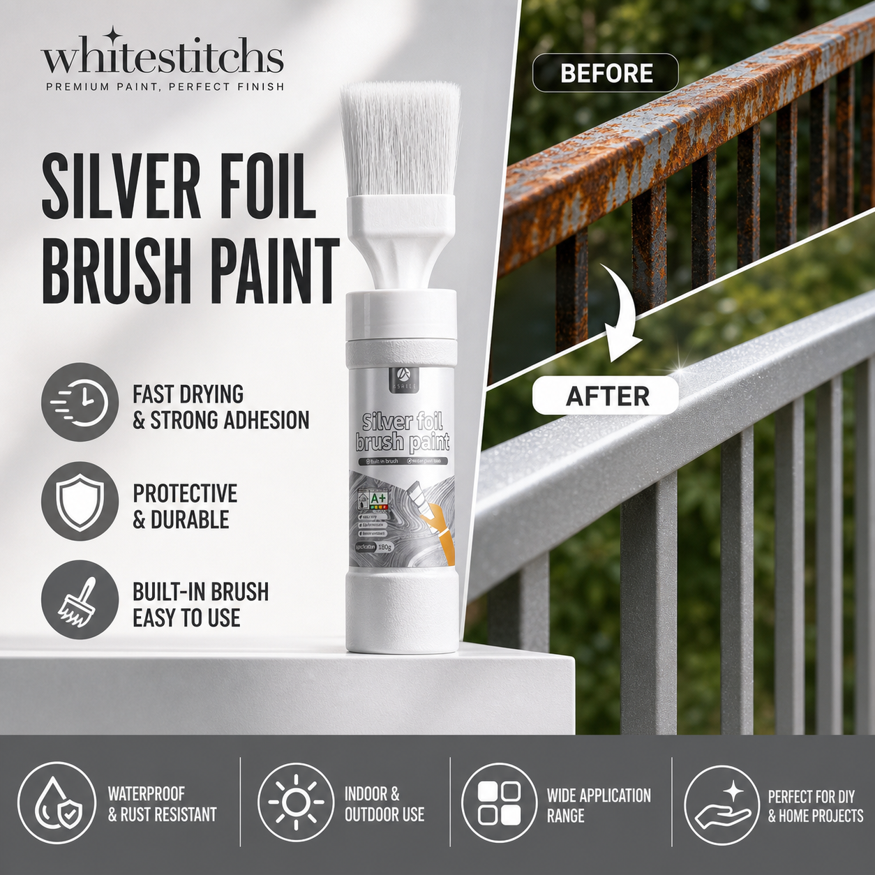 ⏰ LIMITED TIME 50% OFF! 🔥✨Water-Based Metallic Silver Paint with Built-in Brush