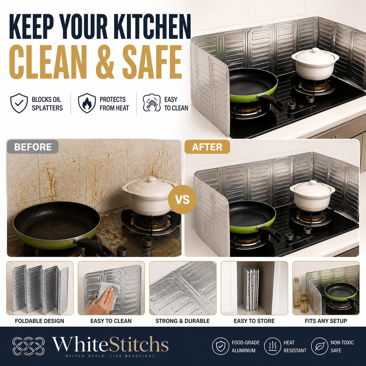 ⭐DON'T MISS 50% OFF!🍳🔥 Stop oil splatter before it hits your walls — this foldable shield catches grease, wipes clean in seconds, and stores flat. No scrubbing, no mess, no regrets. 🛡️