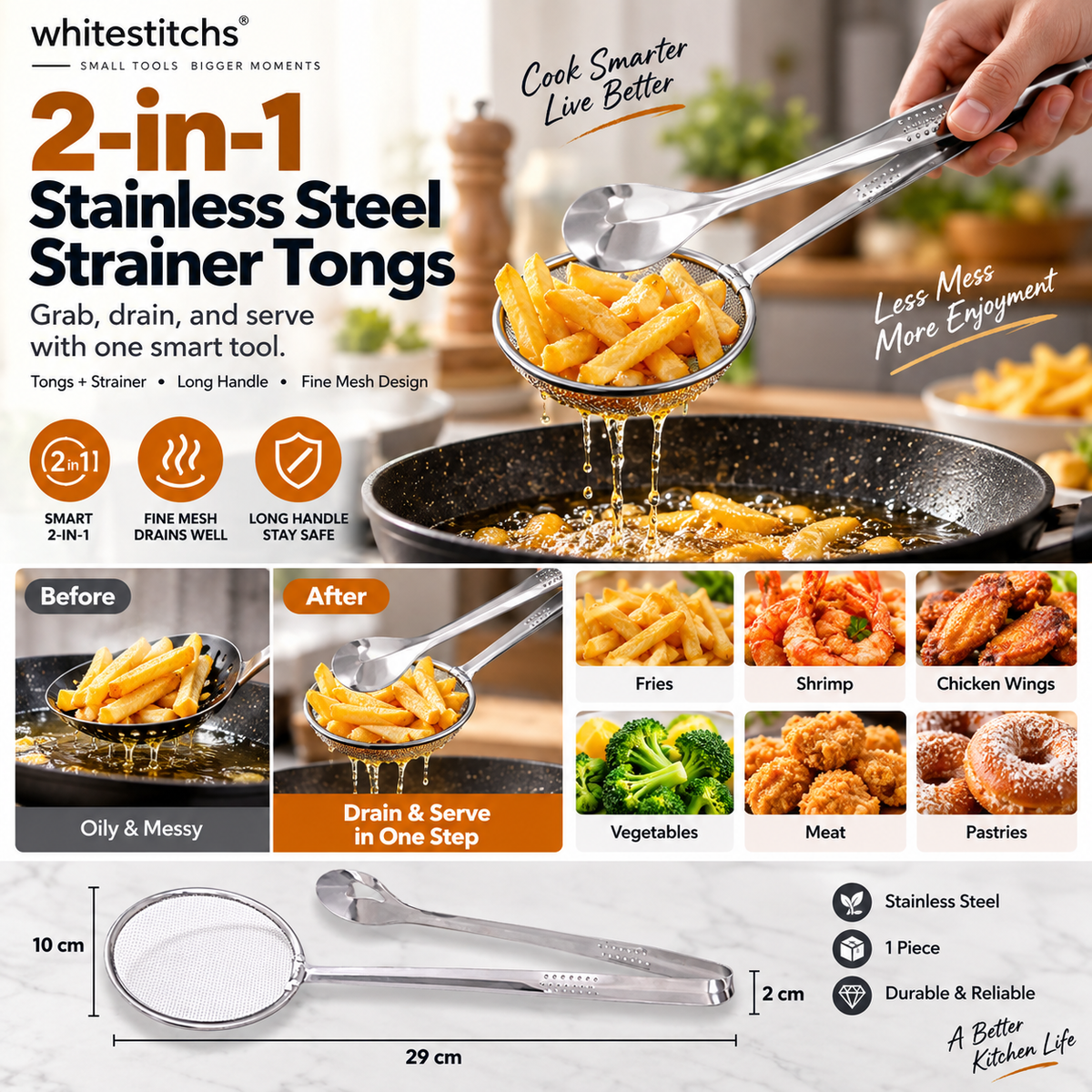 🍳 LIMITED-TIME BOGO 🍃 2-in-1 Stainless Steel Strainer Clamp — Fine Mesh Filter & Tong, Oil Drain