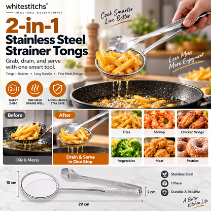 🍳 LIMITED-TIME BOGO 🍃 2-in-1 Stainless Steel Strainer Clamp — Fine Mesh Filter & Tong, Oil Drain