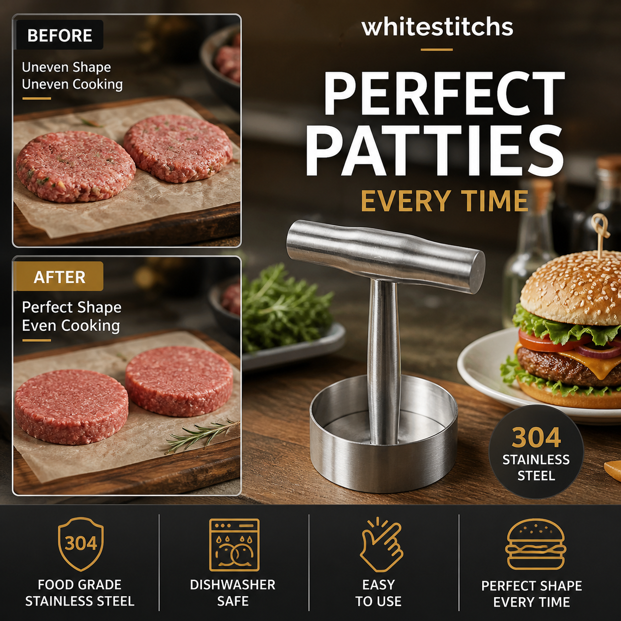 🔥50% OFF!🥩Steak Press Round Patty Mold | Food‑Grade 304 Stainless Steel Burger Patty Maker
