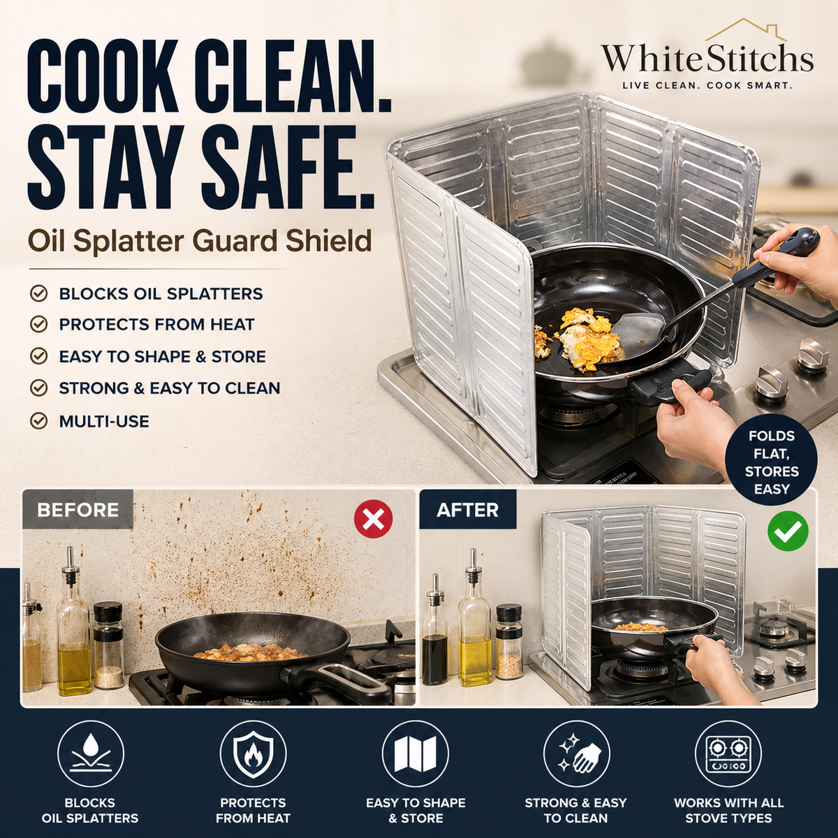 ⭐DON'T MISS 50% OFF!🍳🔥 Stop oil splatter before it hits your walls — this foldable shield catches grease, wipes clean in seconds, and stores flat. No scrubbing, no mess, no regrets. 🛡️