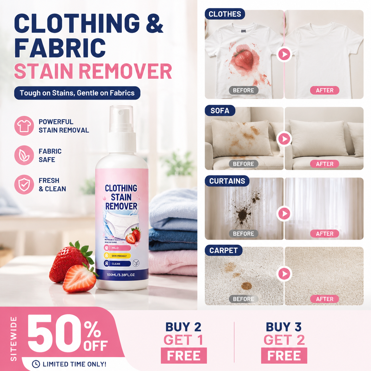 Powerful Fabric Stain Eraser Spray – No Harsh Chemicals, Safe for Sensitive Skin – Eliminates Old, Set-in Stains on Shirts, Pants, Linens