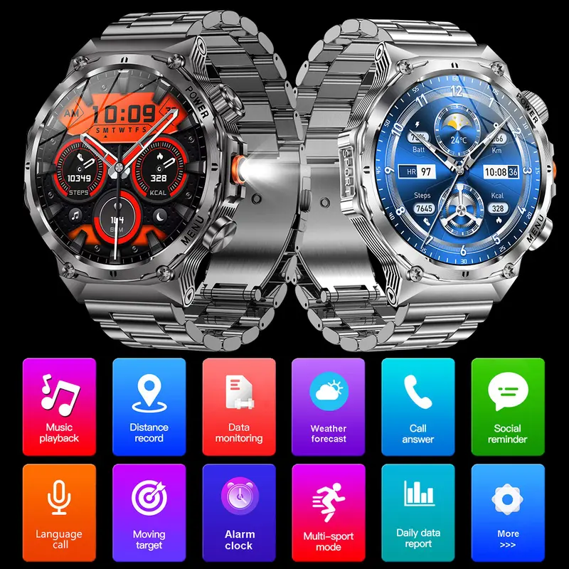 Men's military smartwatch,phone sync information, wireless call,flashlight/multiple exercise modes / fitnesstracker watch for Android and iPhone