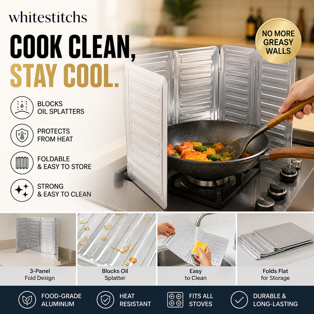 ⭐DON'T MISS 50% OFF!🍳🔥 Stop oil splatter before it hits your walls — this foldable shield catches grease, wipes clean in seconds, and stores flat. No scrubbing, no mess, no regrets. 🛡️