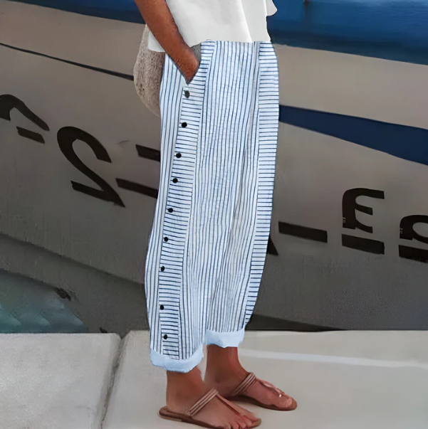 👖 50% OFF NOW! 🌿 Fashion Loose Blue Striped Pants – Practical Side Pockets, Slimming Fit & Perfect for Spring Days 🌸