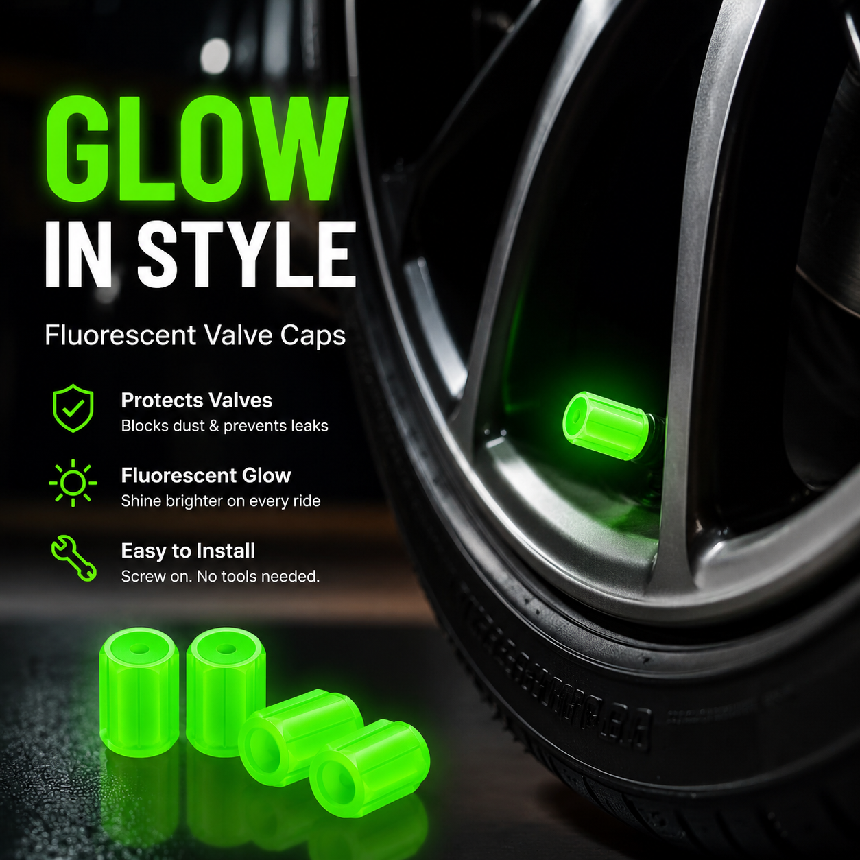 💥Glow-in-the-Dark Tire Valve Stems - Unique Auto Accessory