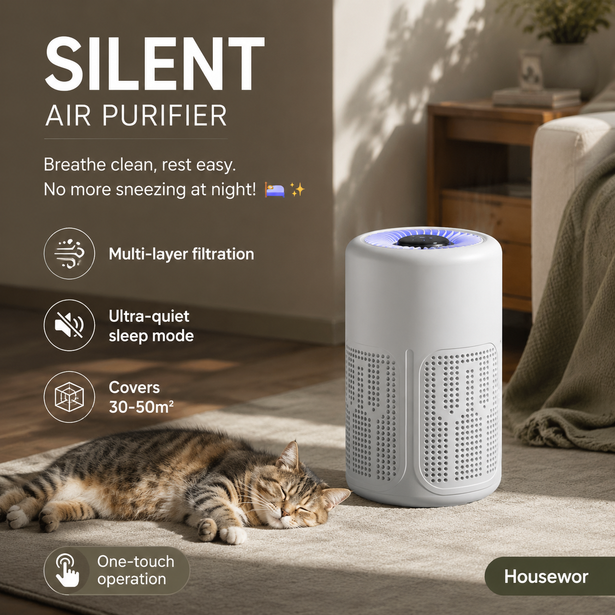 🥳2026 HOT SALE🔇 50% OFF! Silent Air Purifier – Multi‑layer filtration, ultra‑quiet sleep mode. Covers 30‑50m², one‑touch operation. Breathe clean, rest easy. No more sneezing at night! 🛌✨