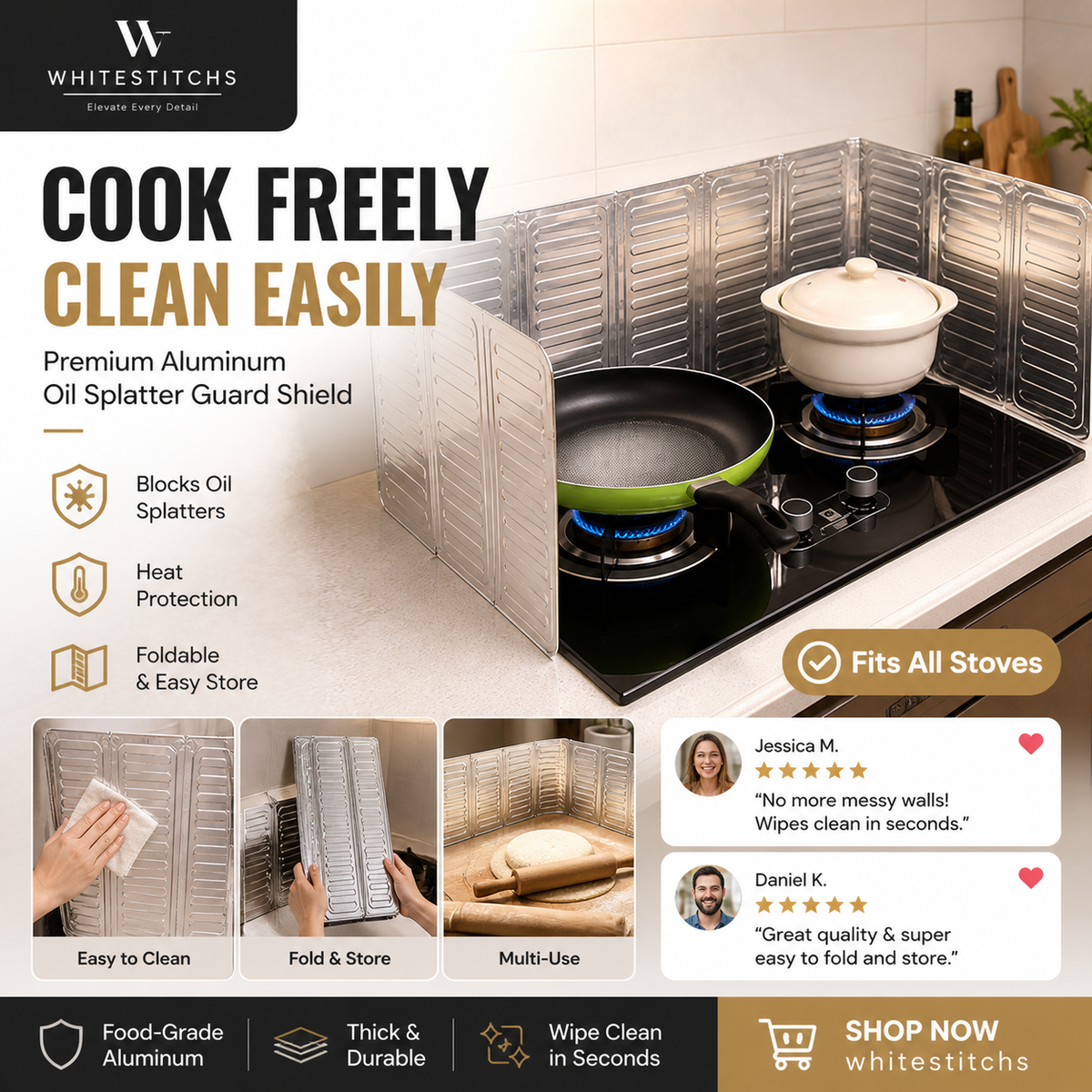 ⭐DON'T MISS 50% OFF!🍳🔥 Stop oil splatter before it hits your walls — this foldable shield catches grease, wipes clean in seconds, and stores flat. No scrubbing, no mess, no regrets. 🛡️