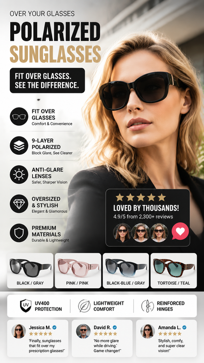 🕶️👓 50% OFF! Attention, glasses wearers: these oversized sunglasses slide right over your own glasses and make you look like a movie star—no expensive clip-ons, no fiddling with lenses!