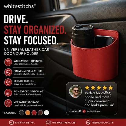 🥳2026 HOT SALE🥳💞50K+ SOLD!🚗🧺 53% OFF! Leather Car Door Cup Holder – Wide‑mouth opening, easy reach for drinks & phone. Clip‑on secure fit. PU leather, tough & stylish. 🛡️✨