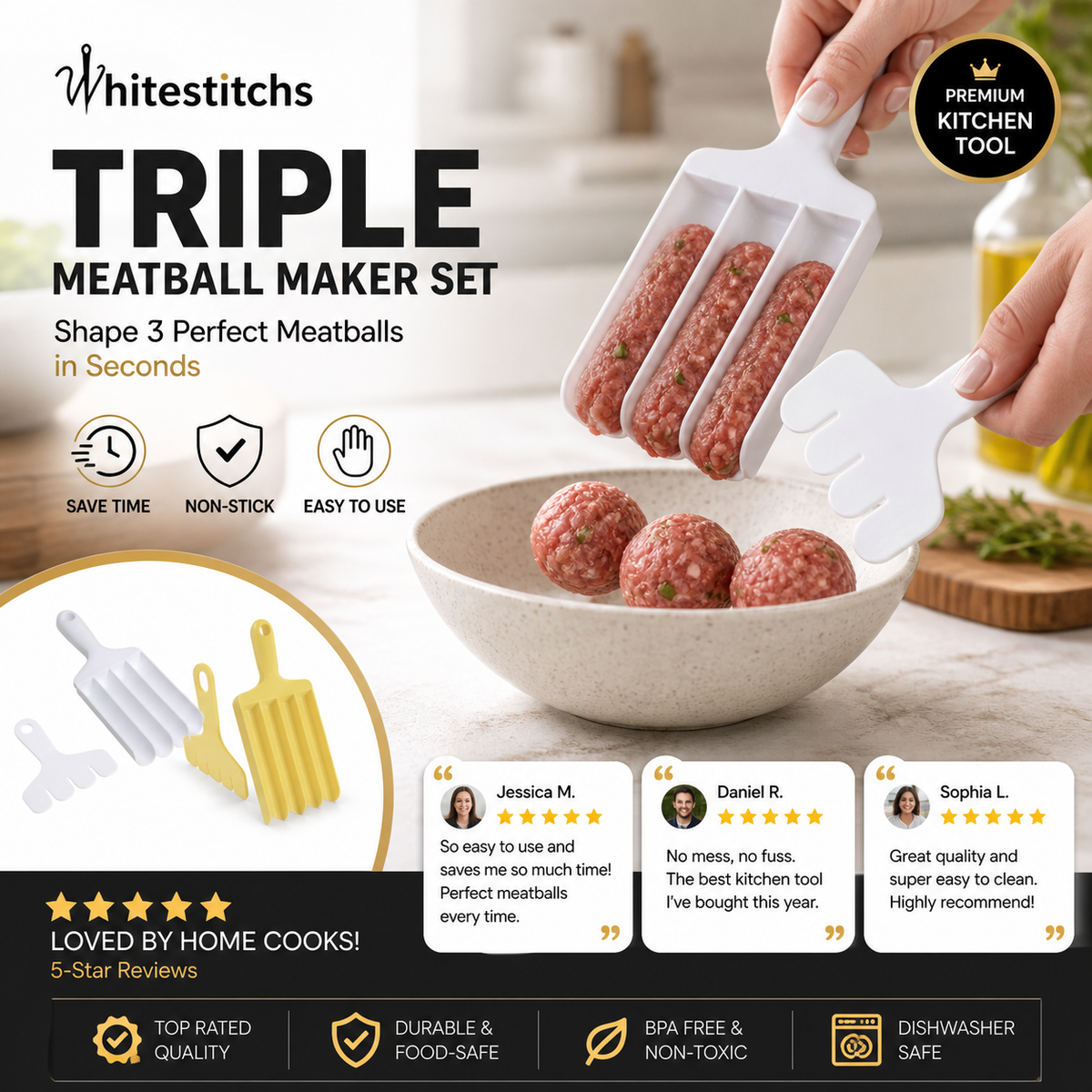 🍖 Creative Triple Meatball Maker – 3-in-1 Non-Stick Meatball Shaper Tool for Easy Kitchen Prep