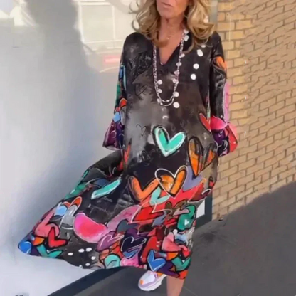 Women's Loose Lapel Heart-Shaped Print Long Dress