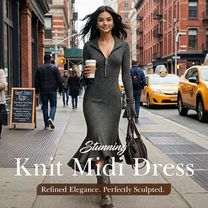 🎁2026 New Arrivals 50% OFF💥Retro Zipper Neck Trumpet Sleeve Midi Dress