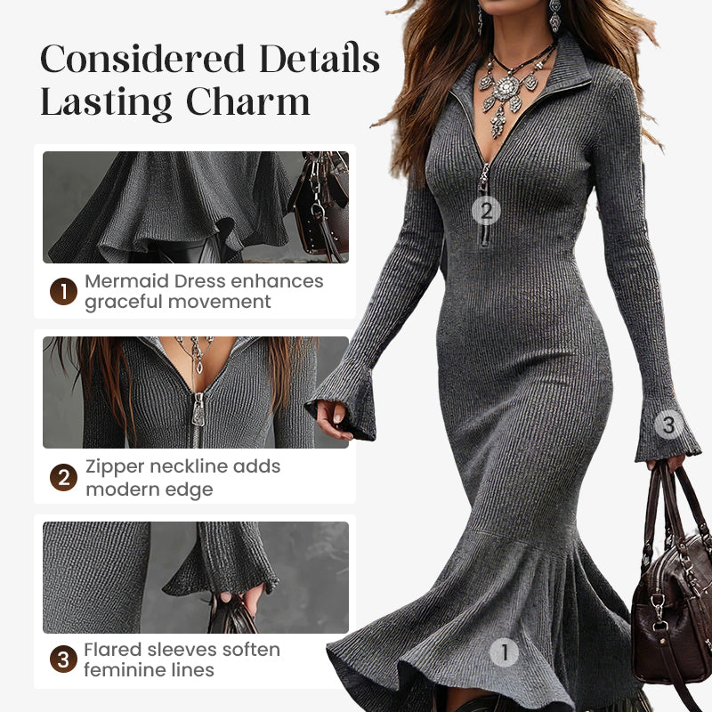 🎁2026 New Arrivals 50% OFF💥Retro Zipper Neck Trumpet Sleeve Midi Dress