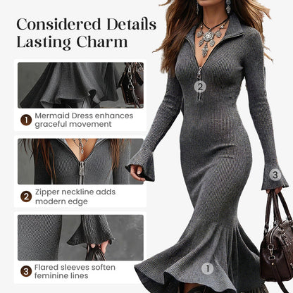 🎁2026 New Arrivals 50% OFF💥Retro Zipper Neck Trumpet Sleeve Midi Dress