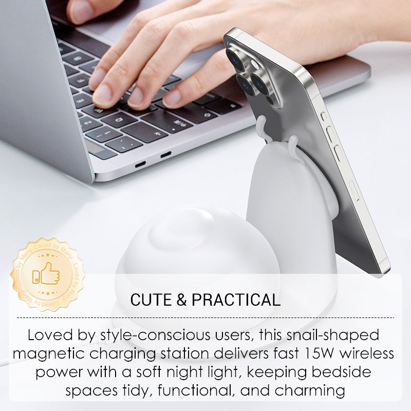 15W Snail-Shaped Magnetic Wireless Charging Station with Night Light