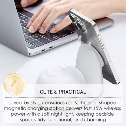 15W Snail-Shaped Magnetic Wireless Charging Station with Night Light