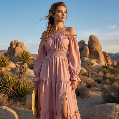 🥳2026 HOT SALE🥳💞50K+ SOLD!👵 🕊️50% OFF! Women's Off-Shoulder High-Waist Dress – Elegant & comfortable! Gentle support stays in place, flattering high waist. Perfect for summer gatherings or holidays. 🌸☀️